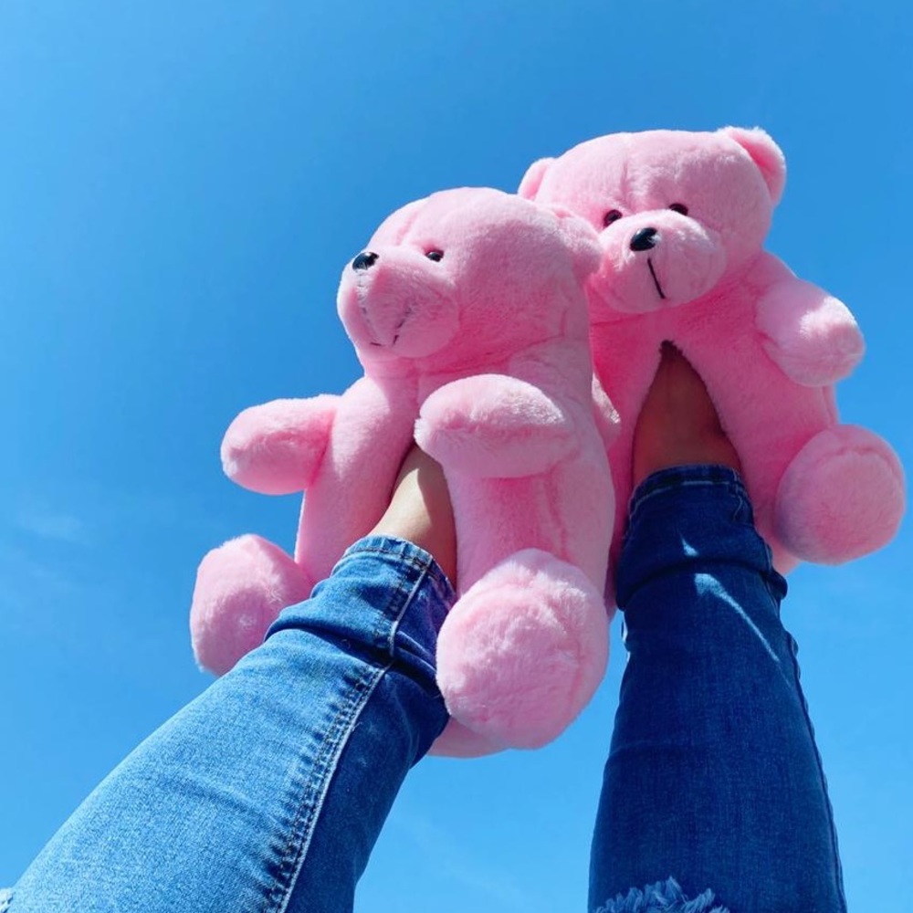 Pink Teddy Bear Plush Indoor Outdoor Slippers - Picture 4 of 11